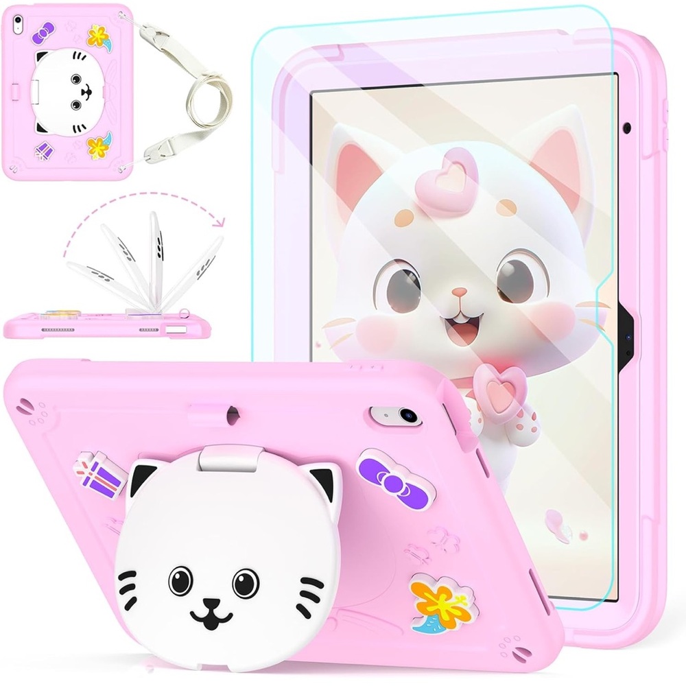 Pink Kids Tablet Case with Cat Design for IPad Pro 11 in (2024)